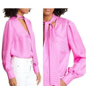 VERONICA BEARD Pink Nicky Tie Neck Houndstooth Jacquard Silk Top